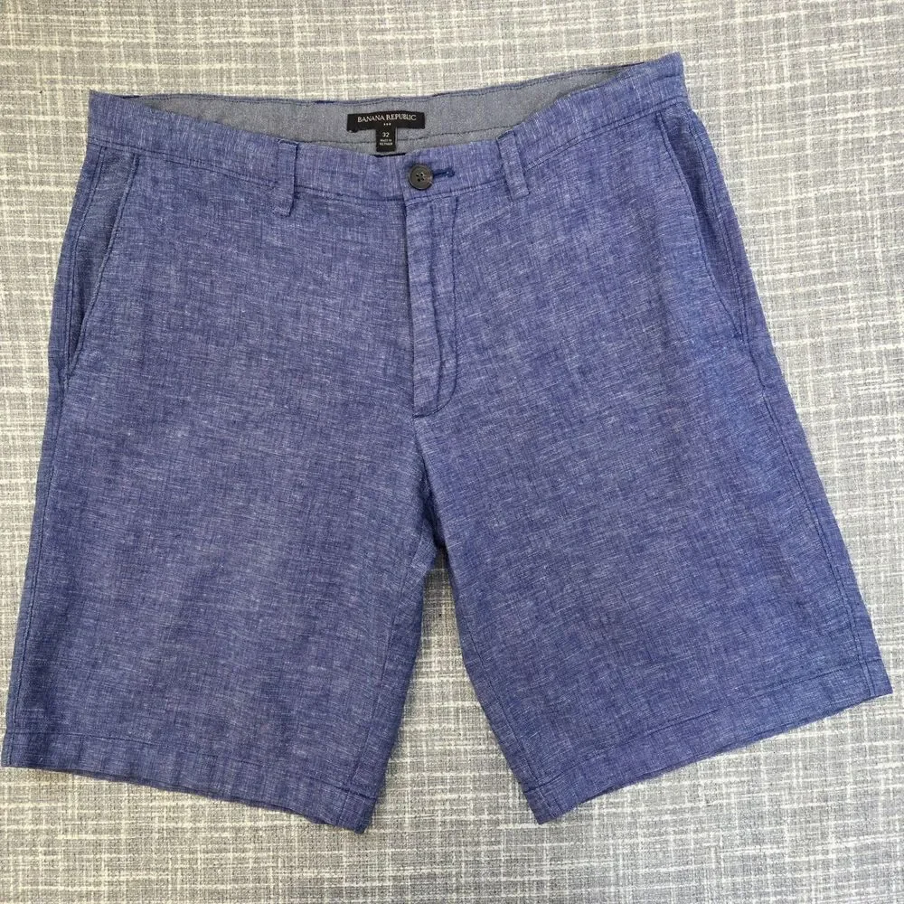Banana Republic Aiden Short Men 34 Linen Blend Lakeside Blue 10in Inseam